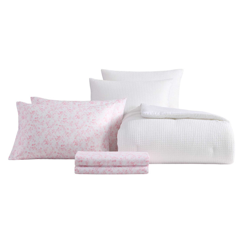 Laura Ashley Waffle Solid White Reversible Comforter Bonus Set, Queen Comforter + 6 Additional Pieces