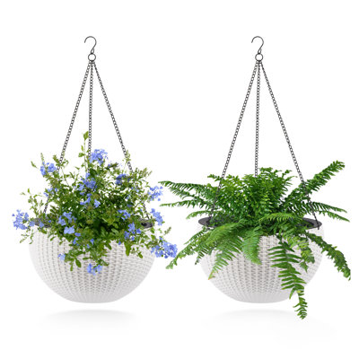 Boîte à fleurs suspendue de 13,4 pouces inspirée du rotin, grande capacité et résistante à la pourriture des racines avec indicateur de niveau d'eau pour la décoration intérieure d'un balcon, lot de 2 (blanc)