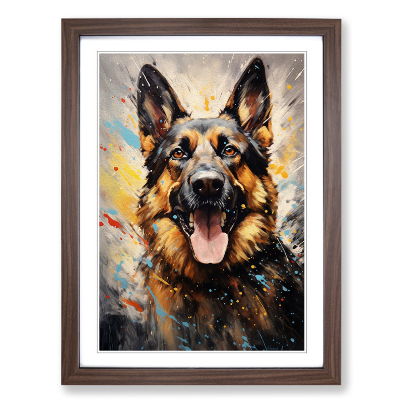 German Shepherd Action Painting - Framed Print, 64cm H x 46cm W, Walnut Framed
