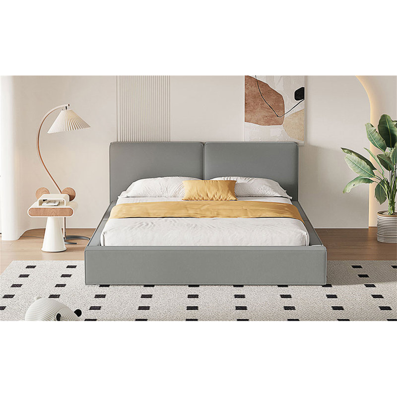 Grand lit plateforme tapissier avec tissu en velours, Gris