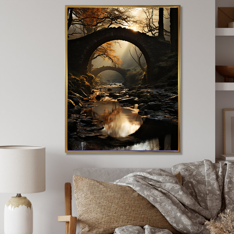 Pont vers nulle part, paysage I, H 40 po x l 30 po x P 1,5 po, Cadre flottant doré