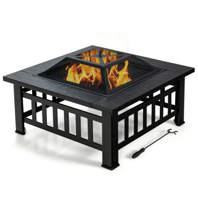 32" 3-in-1 Outdoor Square Fire Pit Table with BBQ Grill & Rain Cover