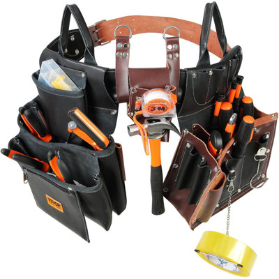 Ceinture à outils, 31 pochettes, réglable de 32 à 54 pouces, sac à outils en cuir robuste, sac à outils amovible pour électricien, charpentier, homme à tout faire, menuisier, construction, noir / brun