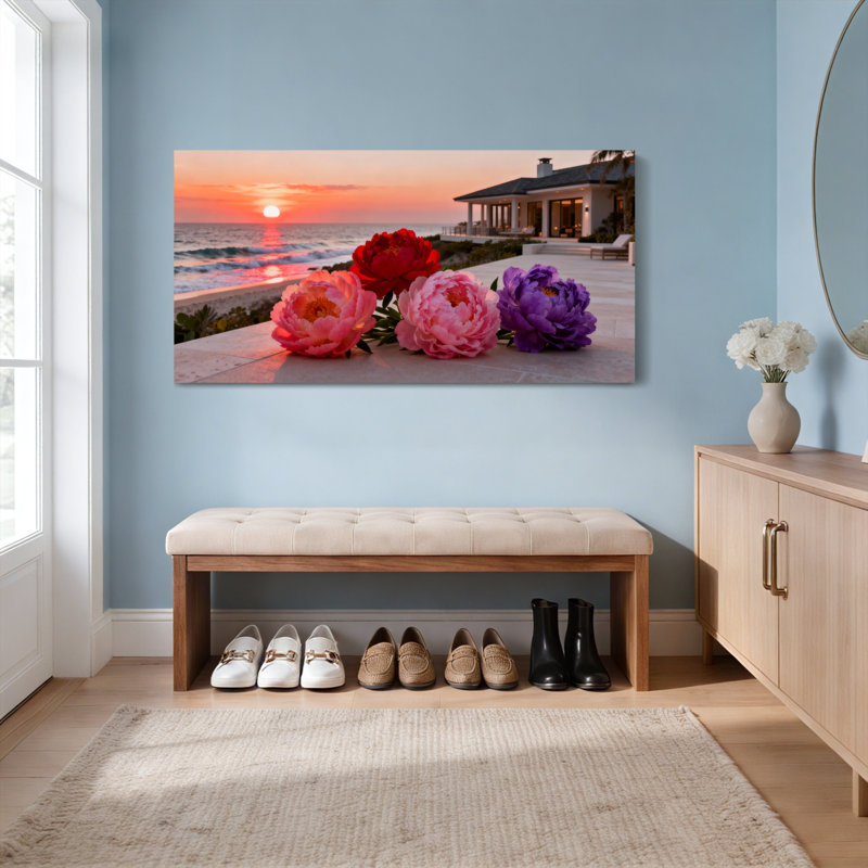Ensemble de 1 tableau sur toile tendue représentant une maison de plage au coucher du soleil avec des pivoines