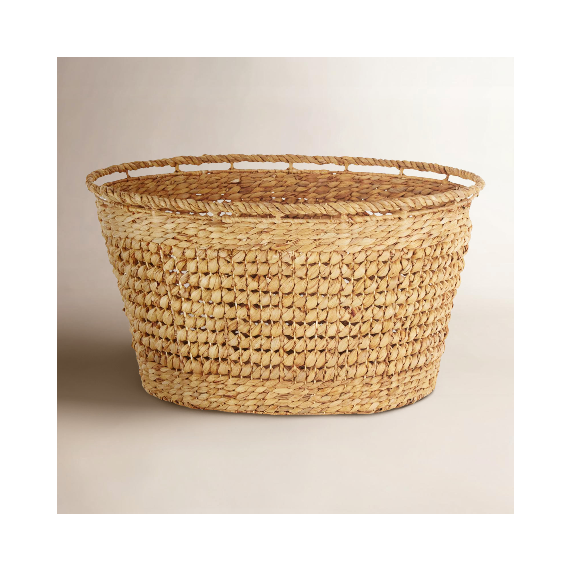 Seagrass Handmade Woven Oval Storage Basket With Elevated Rim And Slot Handles