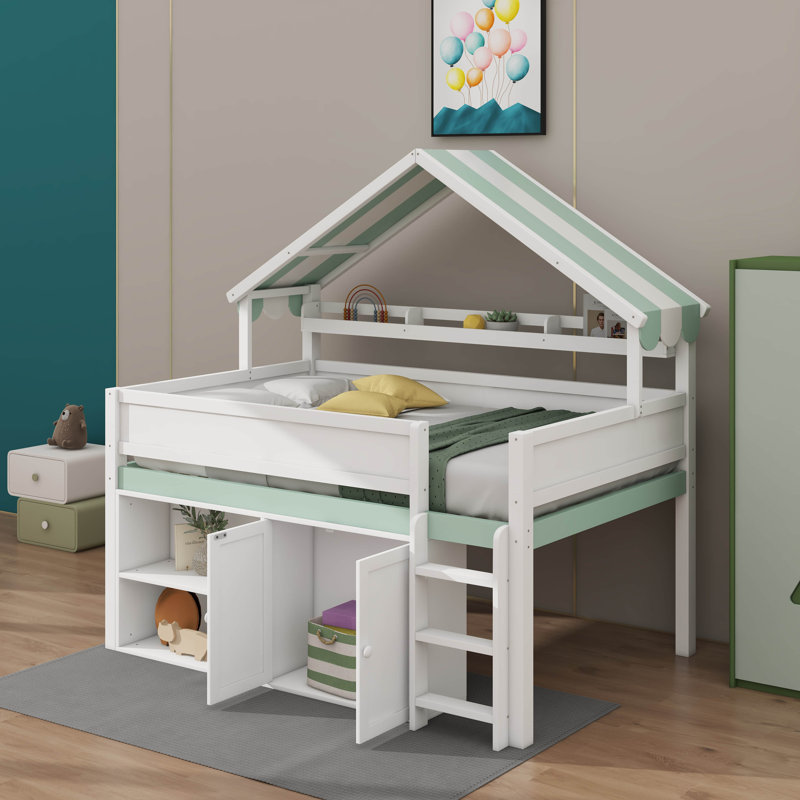 Lit mezzanine double avec toit à baldaquin et armoire de rangement, Blanc/vert