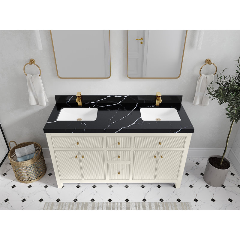 Sonoma 60 In. W X 22 In. D Double Sink Bathroom Vanity In Alabaster With 2 In. Viola Brown Quartz, Calacatta Black
