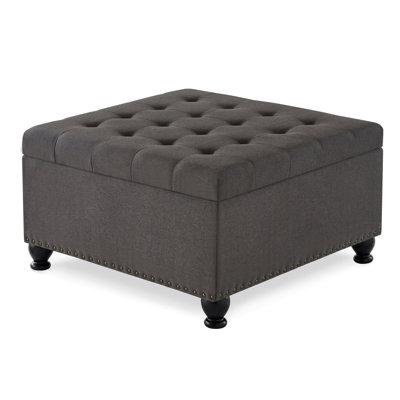 Large Square Storage Ottoman With Wooden Legs, Upholstered Button Tufted Coffee Table With Nail Trims For Living Space