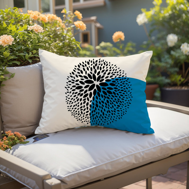Coussin décoratif intérieur / extérieur en polyester filé floral Bavière, Turquoise / crème / noir