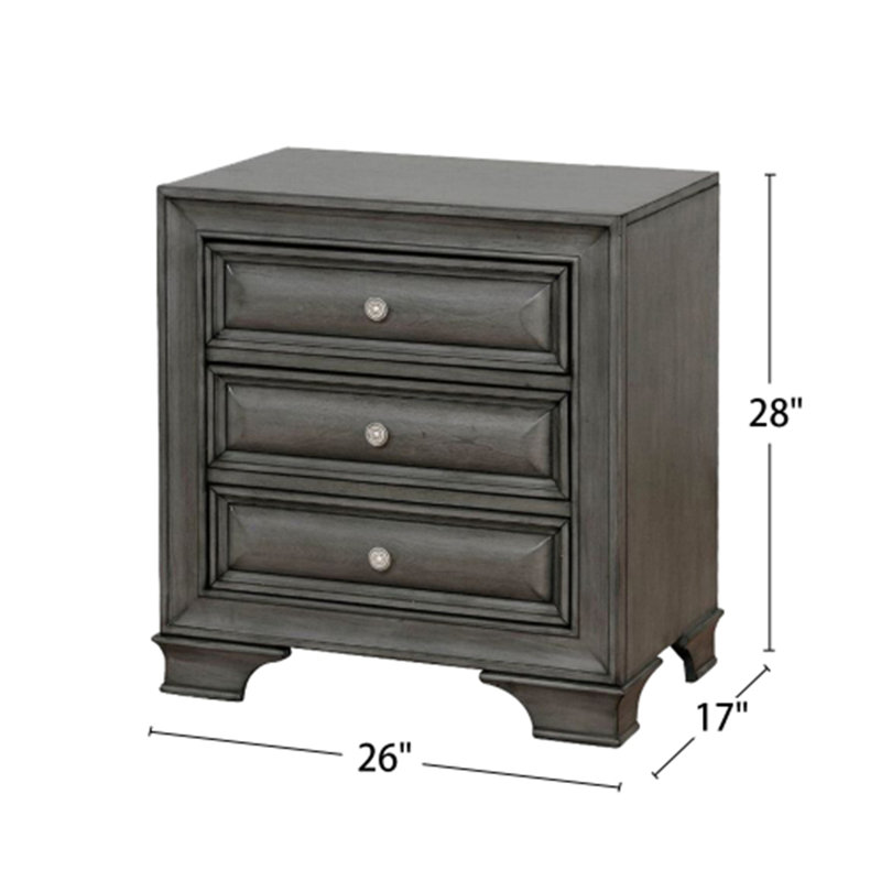 Table de chevet grise en bois à 3 tiroirs avec prise USB et prise de courant