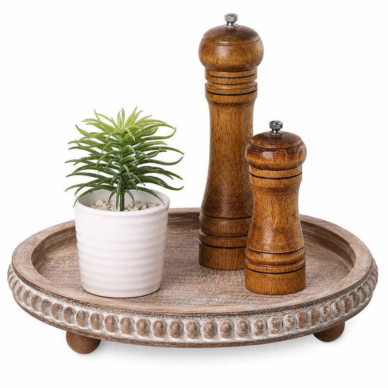 Round Distressed Beaded Wooden Decorative Tray, Brown