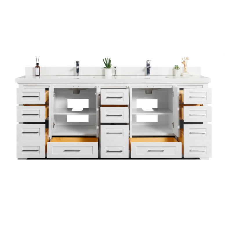 Eser 84'' Double Bathroom Vanity with Top, White, Straight White Quartz