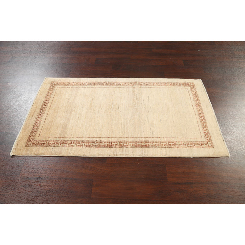 Tapis beige en laine noué à la main de conception unique 3 pi 1 po x 5 pi 3 po New Age