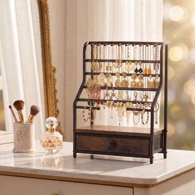 Earring Holder Organizer - Jewelry Organizer Stand with Necklace Hooks, Watch Rods, Nonwoven Drawer, Large Capacity Jewelry Display for Stud Earring Bracelet Necklace Ring