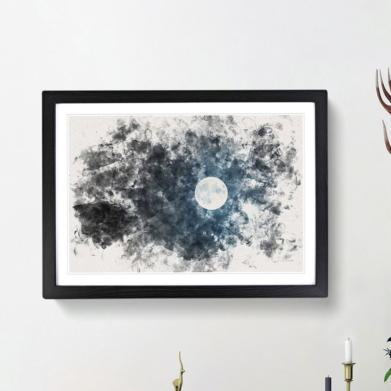 The Full Moon at Midnight Watercolour - Picture Frame Graphic Art Print, 62cm H x 87cm W x 2cm D, Black Framed