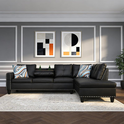 Canapé modulaire de 97,5 pouces, ensemble de meubles de salon 4 places avec méridienne moderne, 2 coussins | Canapé en L | Porte-gobelet | Tissu en lin, noir