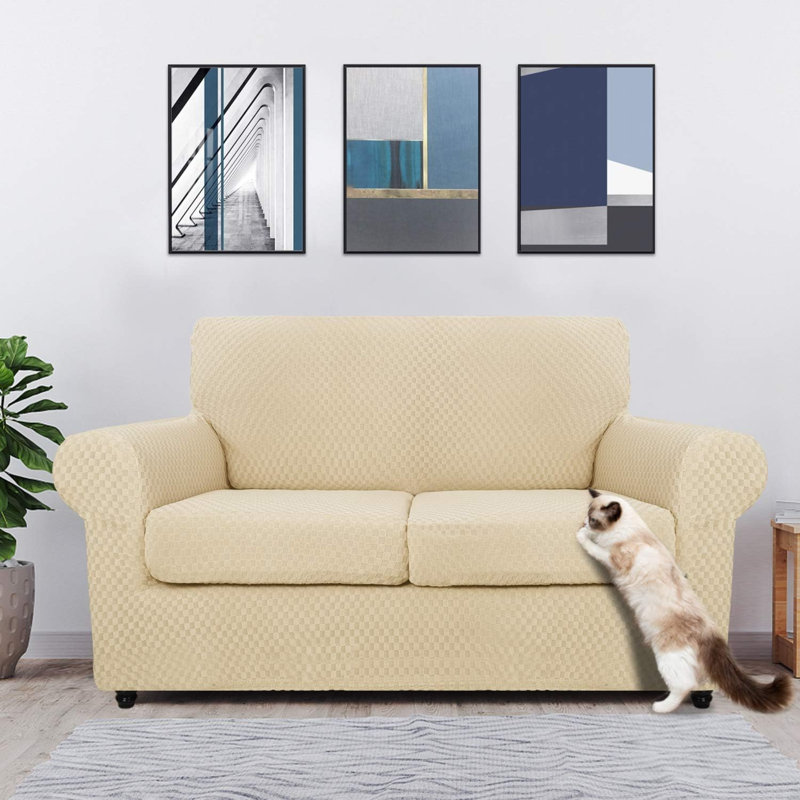 Housse pour canapé à coussins carrés/rectangulaires, Mélange de polyester beige clair, H 41 po x l 91 po x P 42 po