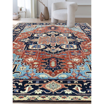 Tapis rouge et bleu noué à la main de haute qualité