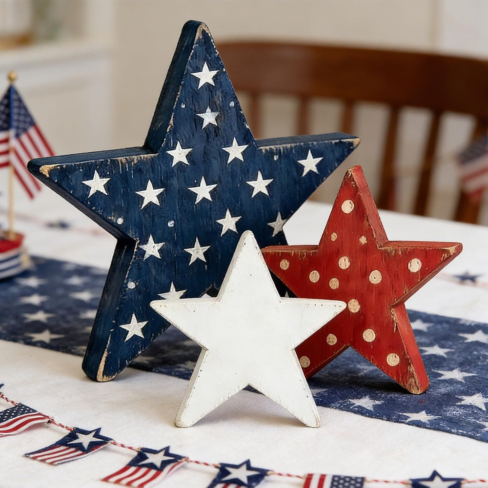 4th Of July Wooden Star Decor Set – 3pcs Red White Blue Patriotic Farmhouse Table Decorations For Tiered Tray, Shelf, Kitchen, Office & Memorial Day Display