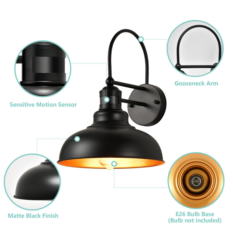 2-pack Motion Sensor Farmhouse Outdoor Barn Light, Dusk-to-dawn Sensor Wall Light, Black/Gold