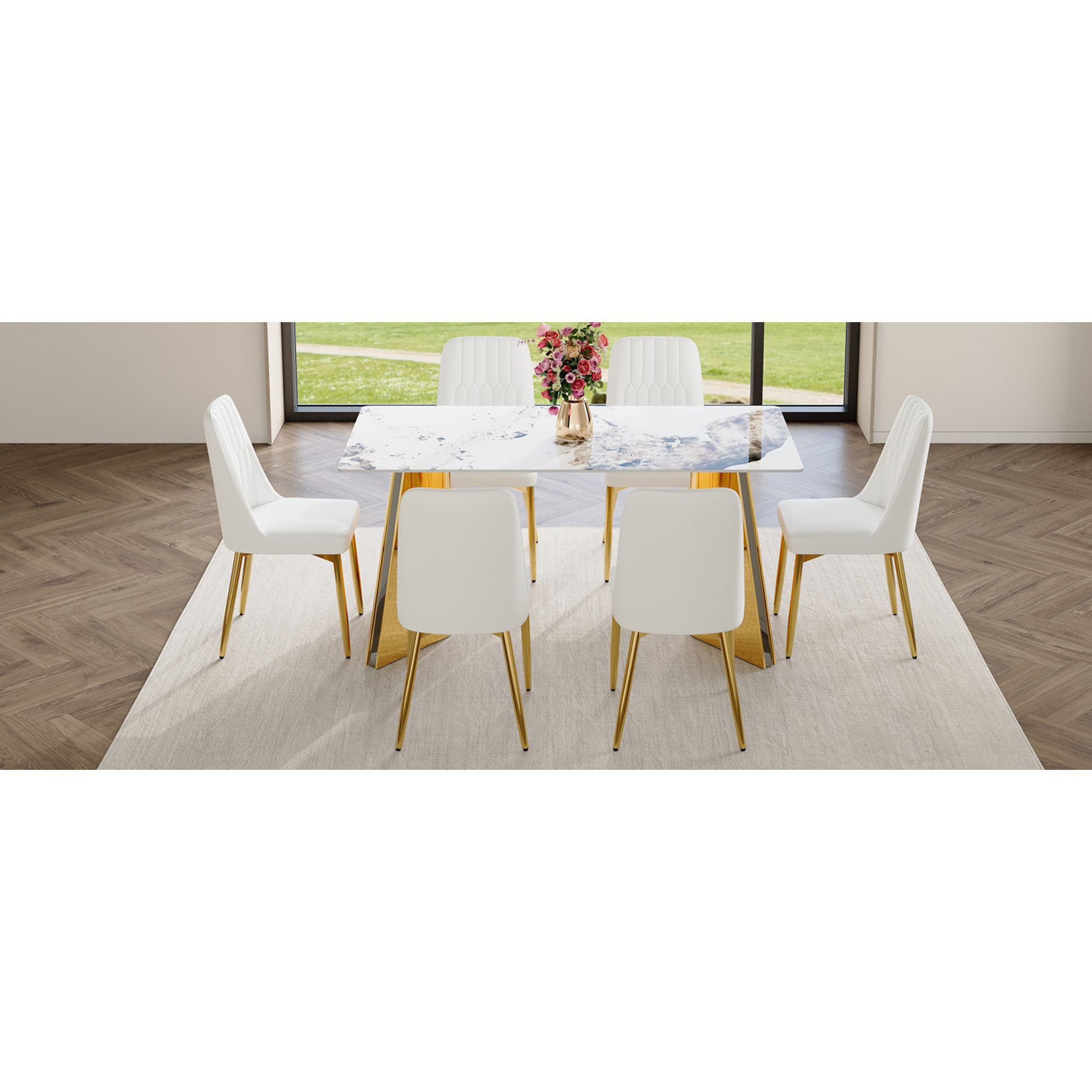 Everly Quinn Luxury Dining Table Set With Gold Stainless Steel ...