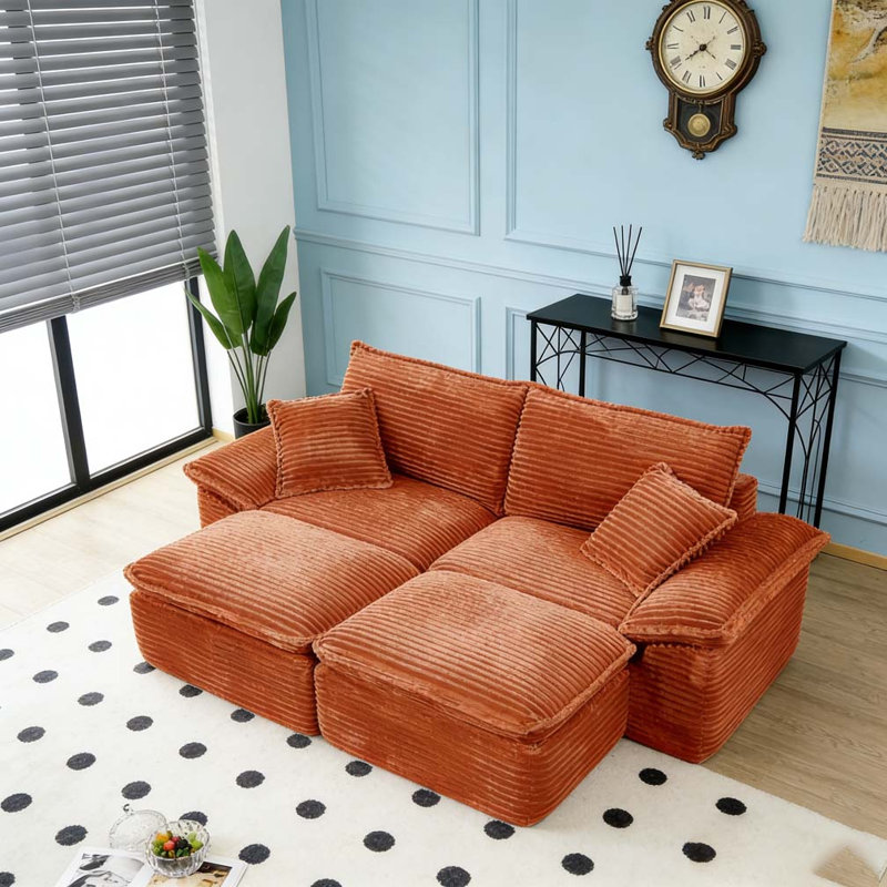 81" Sectional Sofa - Oversized Corduroy Cloud Couch with Movable Ottoman, Orange
