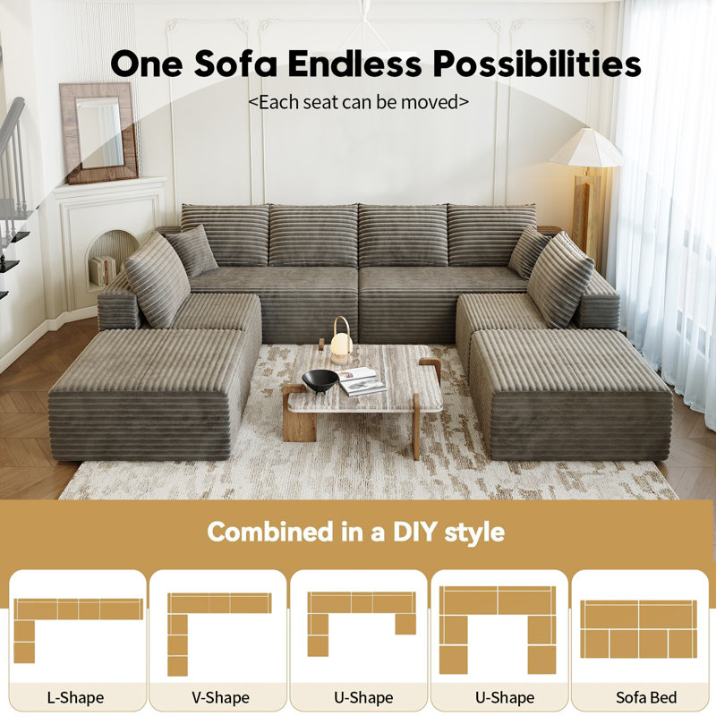 139.4" Modular Sectional Sofa Couch, Oversized  U-Shaped Minimalist Couches with 2 Ottomans Chaise and 2 Middle Seats, Modern Deep Seat Cloud Plush Corduroy Sofas Set for Living Room, 8 Seater