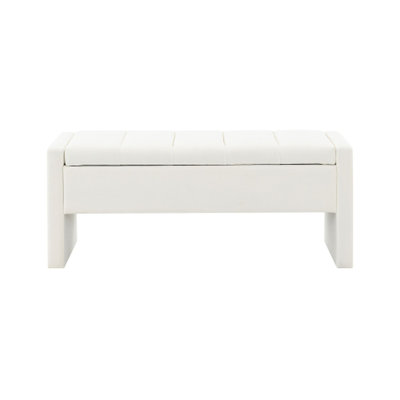 Banc de lit moderne capitonné avec rangement, grand repose-pieds et tabouret de coiffeuse, lin blanc