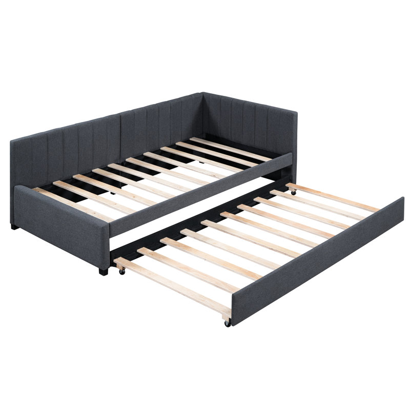 Twin Size Upholstered Daybed With Trundle, Linen Attachment, Strong Bed Element, No Box Spring, Gray Label Linen, Elegant Appearance