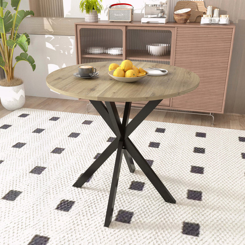 31.5" Round MDF Dining Table – Industrial Style with Black Metal Legs, Seats 2-4