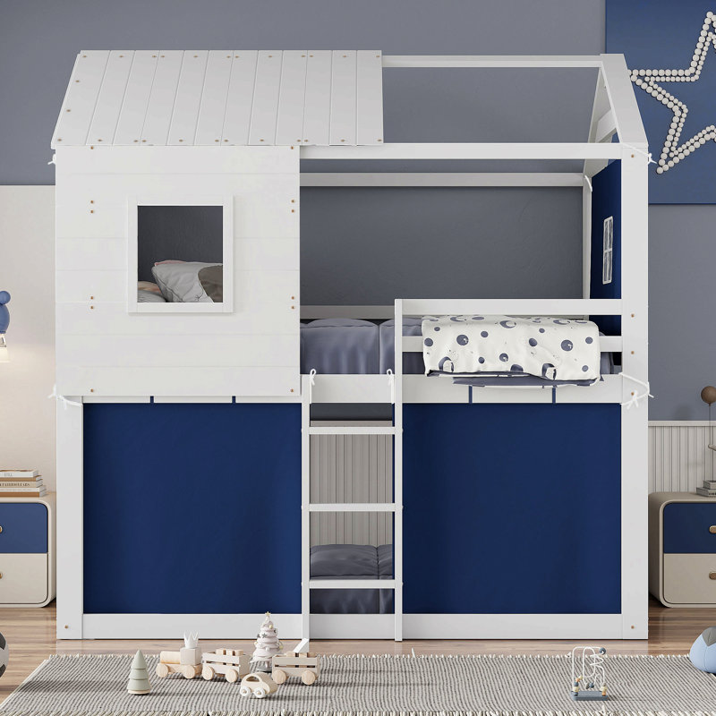Lit double superposé en bois avec tente, Lit double, Bleu / blanc