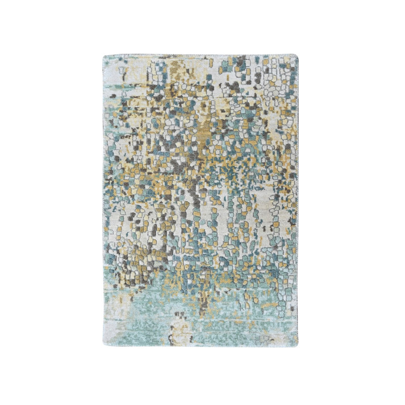 2'x3' Bay Green with Gold, Hand Knotted, Abstract Design, Wool and Silk, Thick and Plush, Mat, Sample, Oriental Rug
