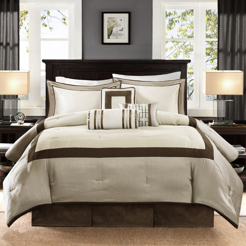Édredon grand taupe / brun 7 pièces, oreillers décoratifs de literie inclus, lavable à la machine pour le lit, combinaison de couleurs, inclus et taies décoratives