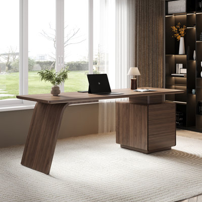 Bureau moderne au fini noyer de luxe avec tiroirs de rangement et prises de courant intégrées