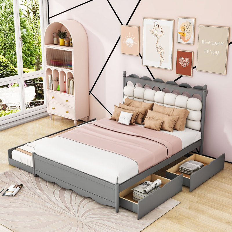 Queen 2 Drawers Platform Bed with Twin-XL Trundle and Built-in Sockets & USB Ports, Gray