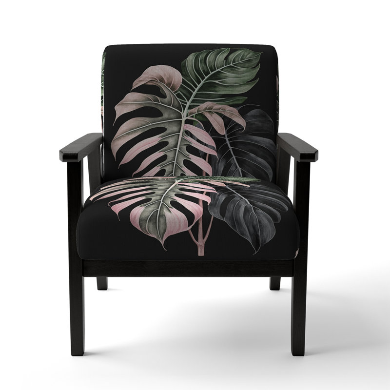 Pink And White Philodendron Leaf II - Upholstered Farmhouse Arm Chair, Rustic Floral Accent Chair, Pink/Green/Black Polyester