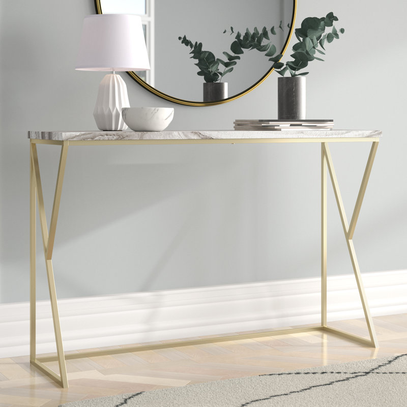 116.8Cm Console Table, Grey Faux Venicut Marble, Gold