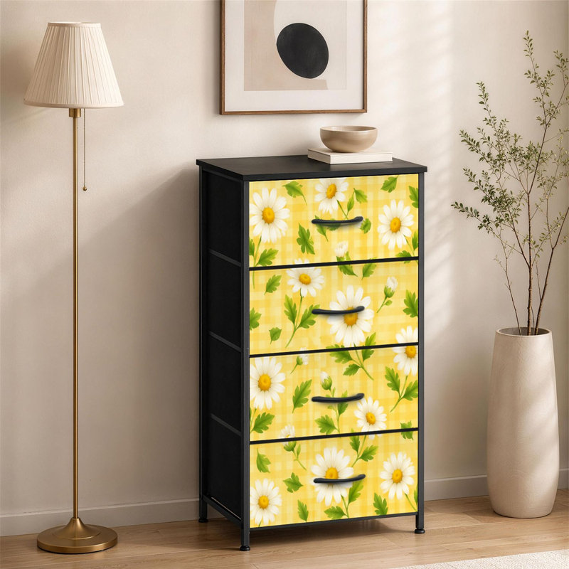 Commode à 4 tiroirs pour chambre à coucher avec marguerites blanches et grandes commodes jaunes pour organisateurs de placard avec commode