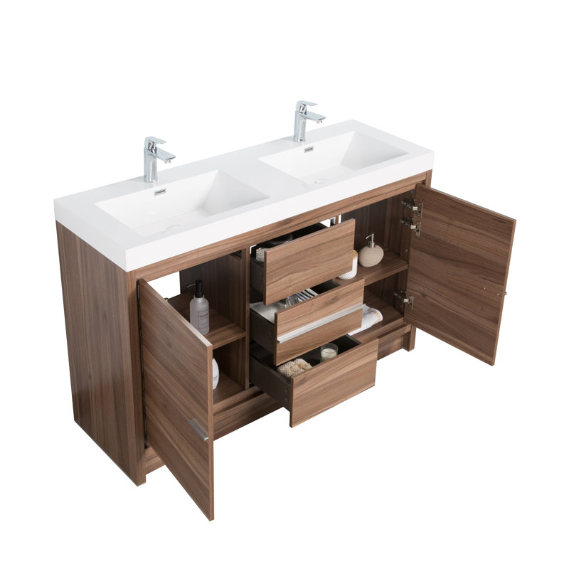Prairie 48 po L x 20 po P 2 portes et 3 tiroirs Meuble-lavabo autoportant avec évier double et Comptoir en Polymarbre blanc