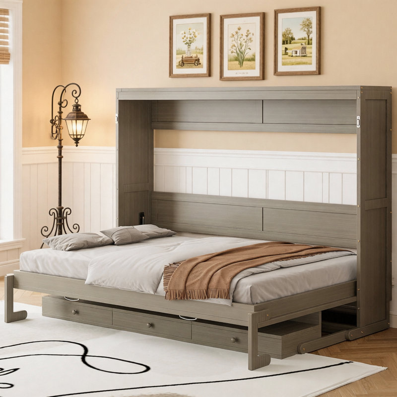 Grand lit escamotable mural avec rangement, armoire-lit pliable avec coiffeuse, miroir central et 2 tiroirs latéraux, gris vieilli