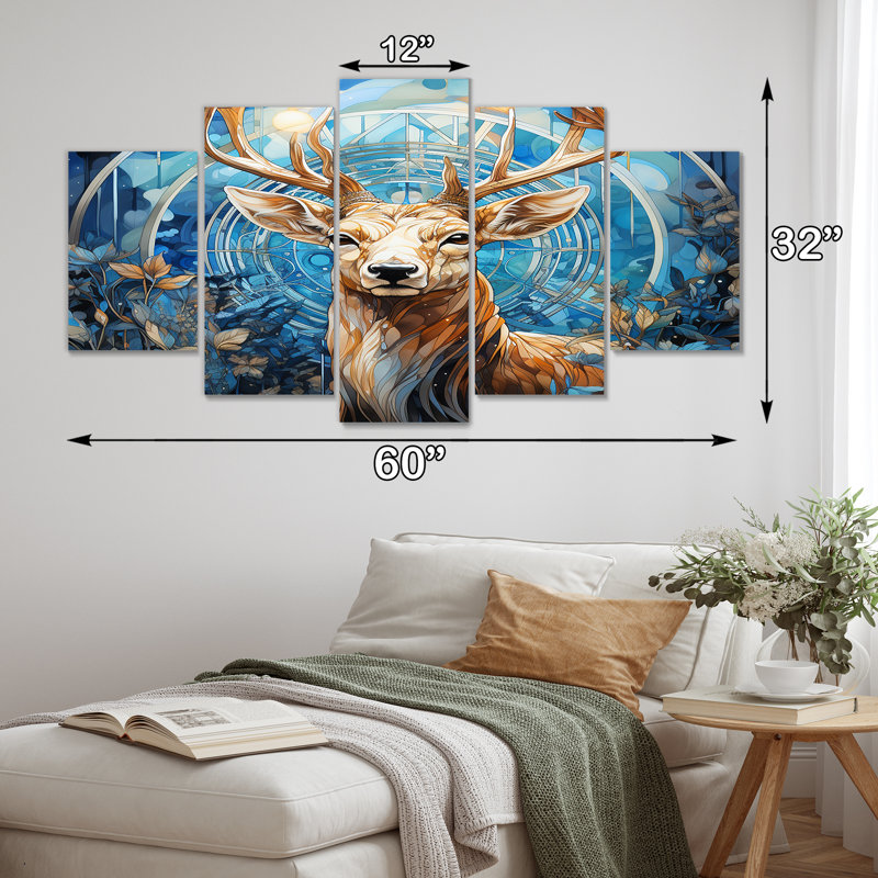 «Magical Deer With Antler In Enchanted Forest I», art mural animal cerf 5 pièces