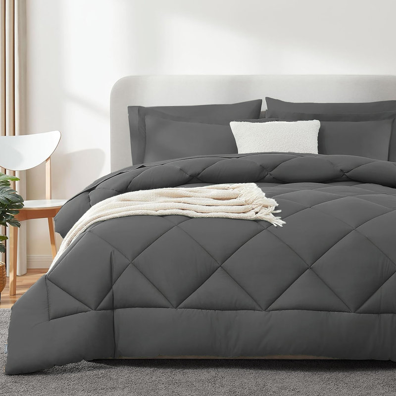 7-Piece Comforter Set, Microfiber, All Season Bed in a Bag – Dark Grey, Queen, Queen Comforter + 6 Additional Pieces