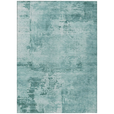 10' X 14' Teal Blue And Ivory Abstract Washable Indoor Outdoor Area Rug