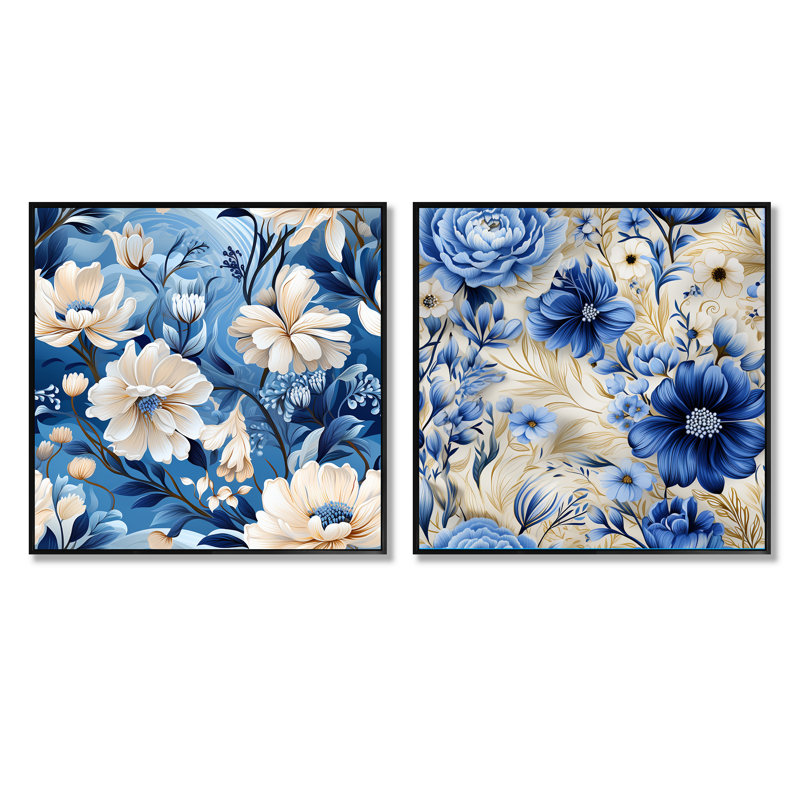 Cloe - Ensemble de 2 collages carrés floraux, Cadre flottant noir, H 16 po x l 33 po