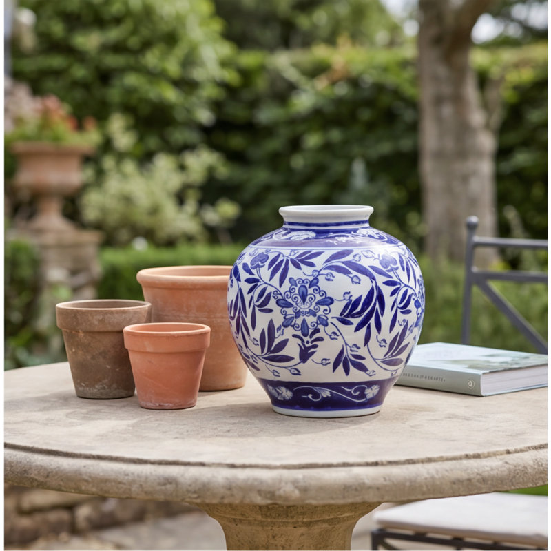 Vase décoratif en porcelaine bleue et blanche, 8,5 x 8,5 x 9 pouces