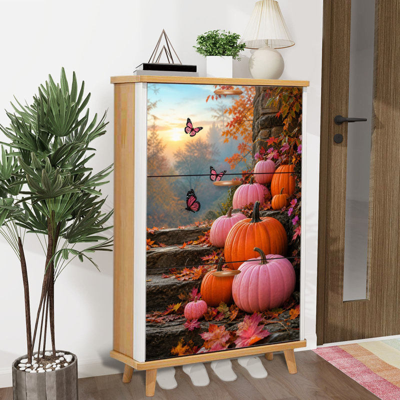 Rangement pour chaussures avec 3 tiroirs rabattables pour scène d'automne rustique, citrouilles roses et roses