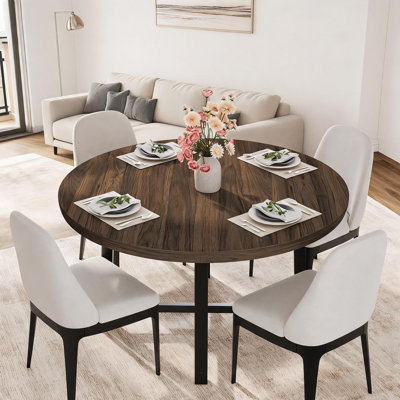 Table de salle à manger ronde 47,2 po pour 4 personnes, table de cuisine industrielle en bois avec structure en métal robuste, table de salle à manger circulaire pour petits espaces, appartement, brun rustique (table seulement)