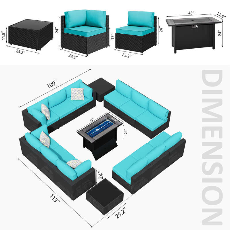 Ensemble de patio extérieur en osier pour 12 personnes avec coussins et foyer, Bleu, Noir