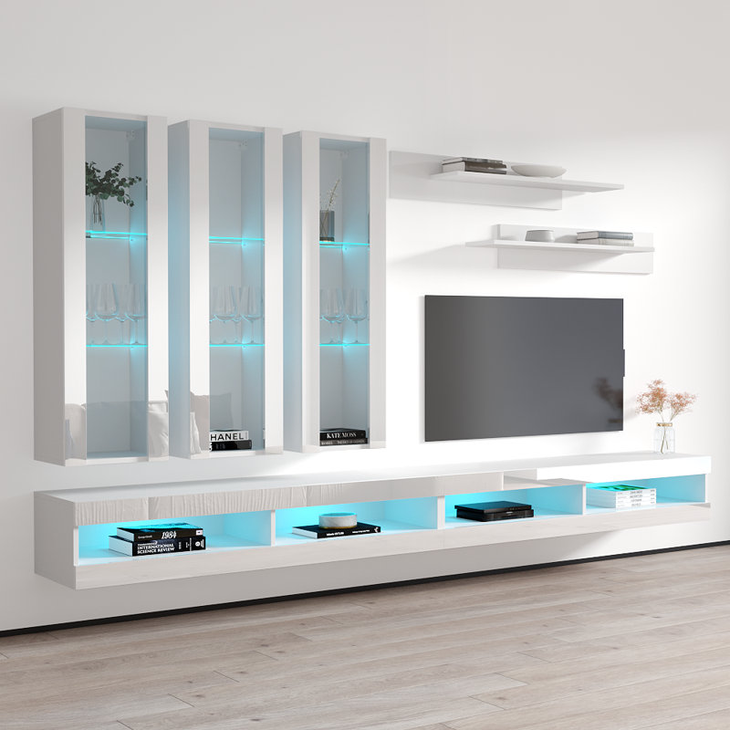 Meuble audio-vidéo mural flottant avec éclairage à DEL 16 couleurs Flye, Blanc