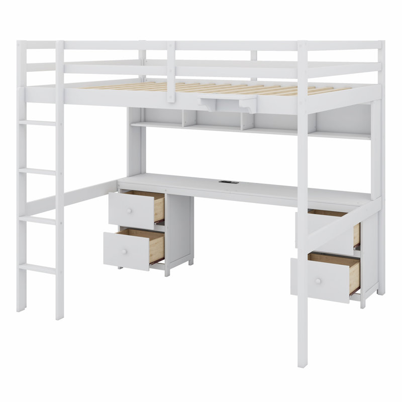 Loft Bed With Desk,Cabinets,Drawers And Bedside Tray,Charging Station, White